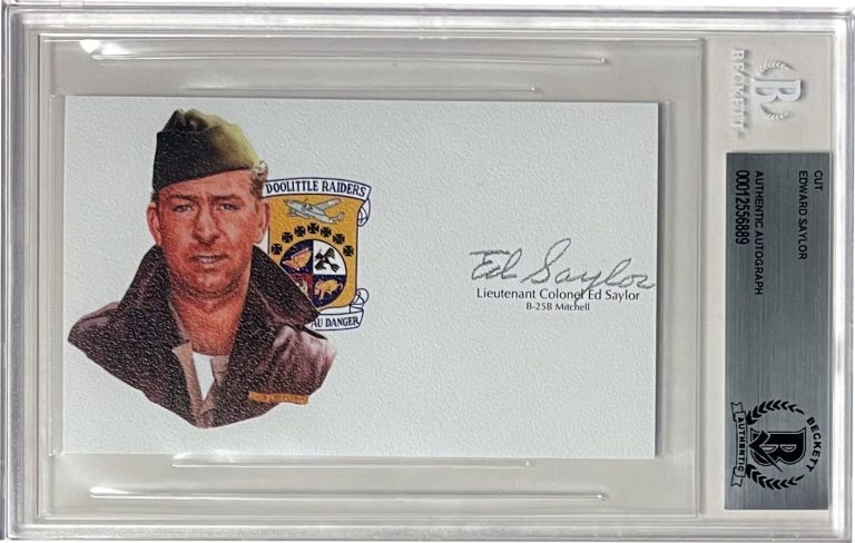 Lt Colonel Ed Saylor signed 3”x 5” cut sig WWll Doolittle Raiders – BAS/Beckett