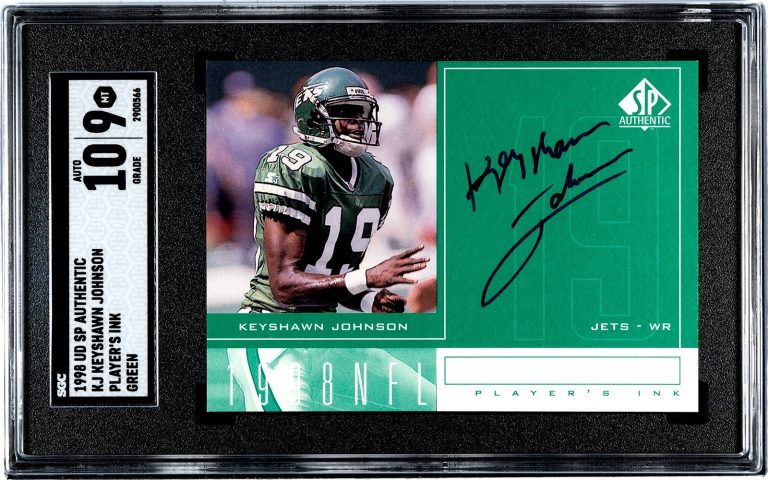 Keyshawn Johnson signed 1998 UD SP Authentic Green Rookie On Card- SGC Graded 9
