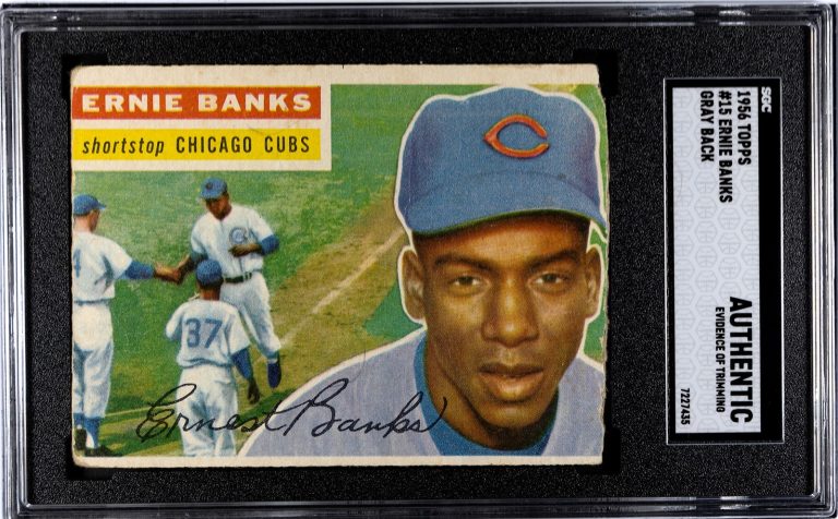 Ernie Banks 1956 Topps Gray Back Card #15- SGC Slabbed Authentic (Evid of Trim)
