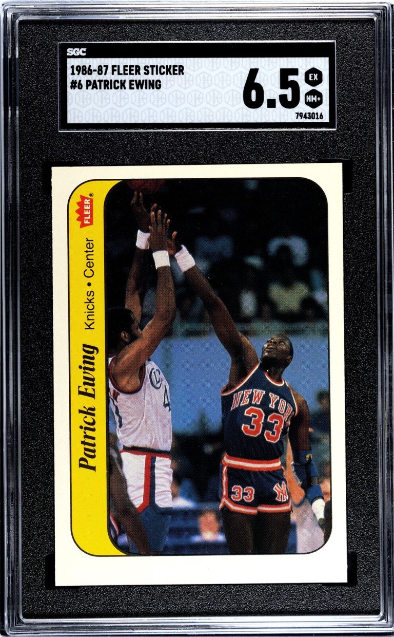 Patrick Ewing 1986-87 Fleer Sticker/ RC Card #6- SGC Graded 6.5 EX-NM (Knicks)