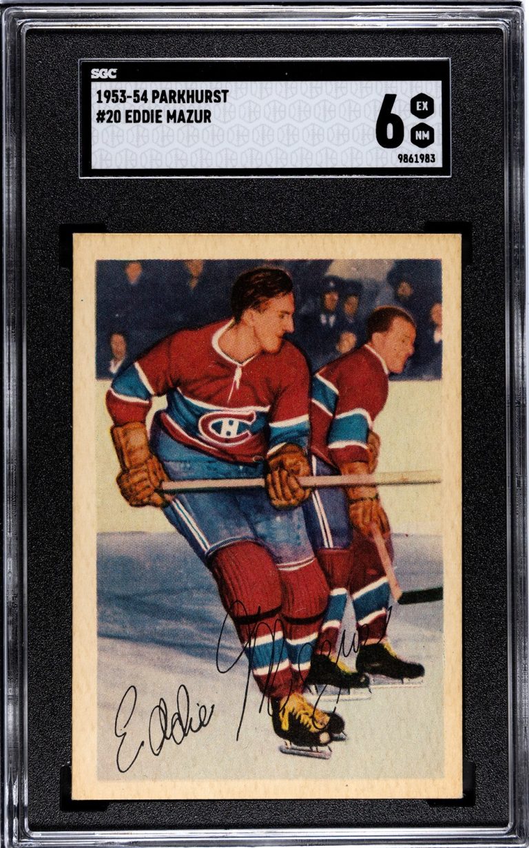 Eddie Mazur 1953-54 Parkhurst NHL RC Card #20- SGC Graded 6 EX-NM - (Canadiens)