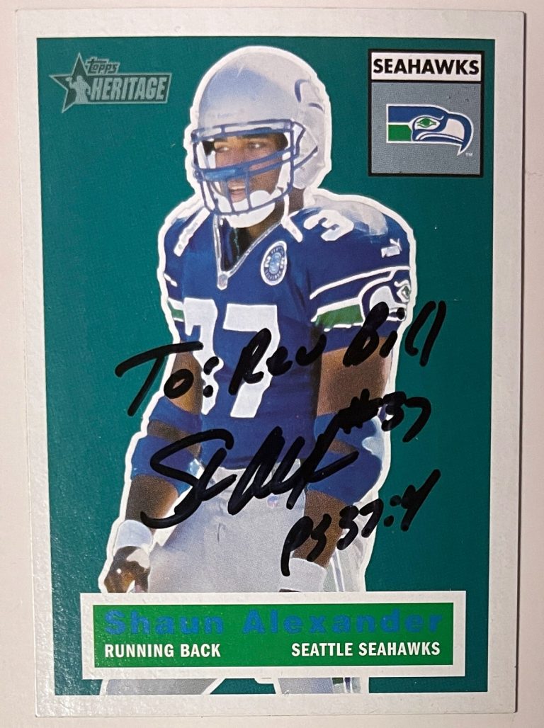 Shaun Alexander signed 2001 Topps Heritage On Card Auto #54 To Rev Bill