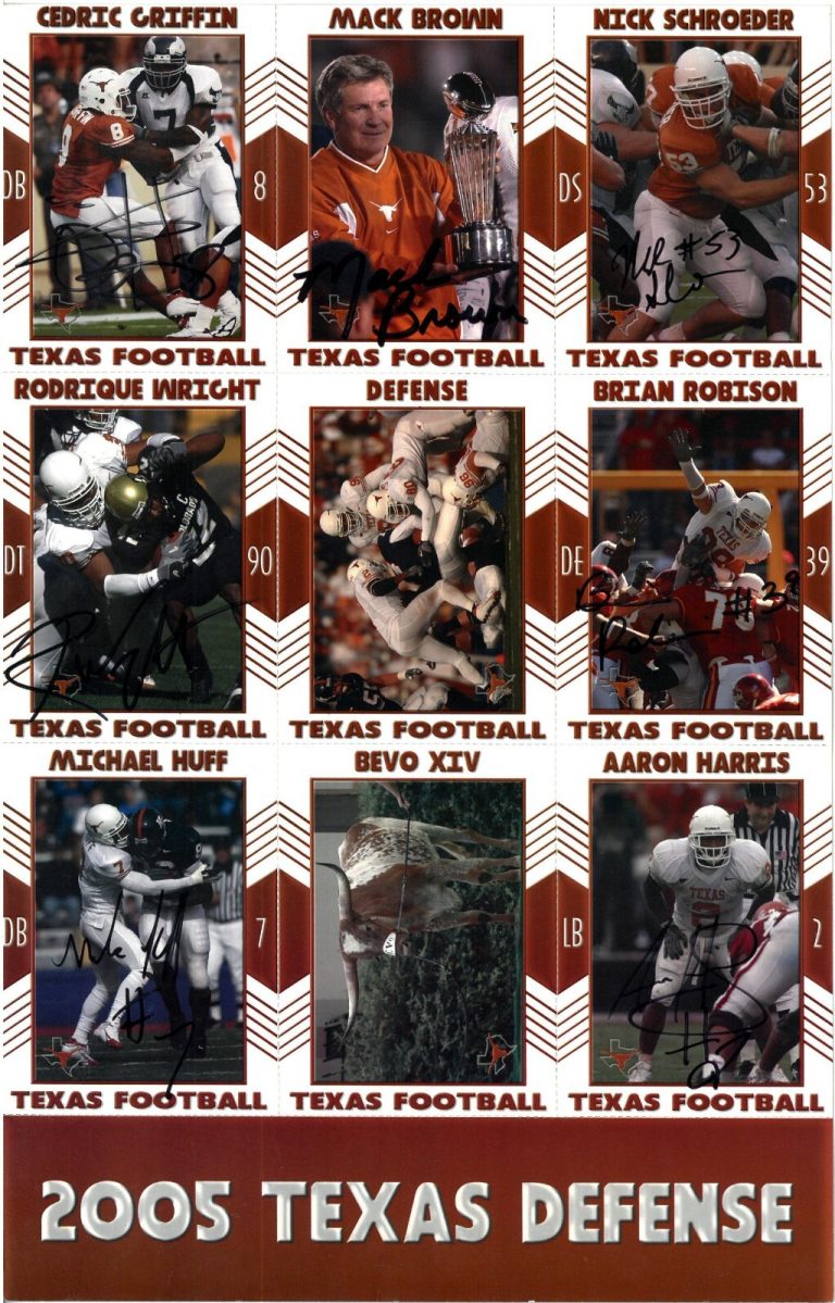2005 Texas Signed Natl Champ 9”x14” Uncut 9 Card Sheet -7 Sigs Mack Brown -COA