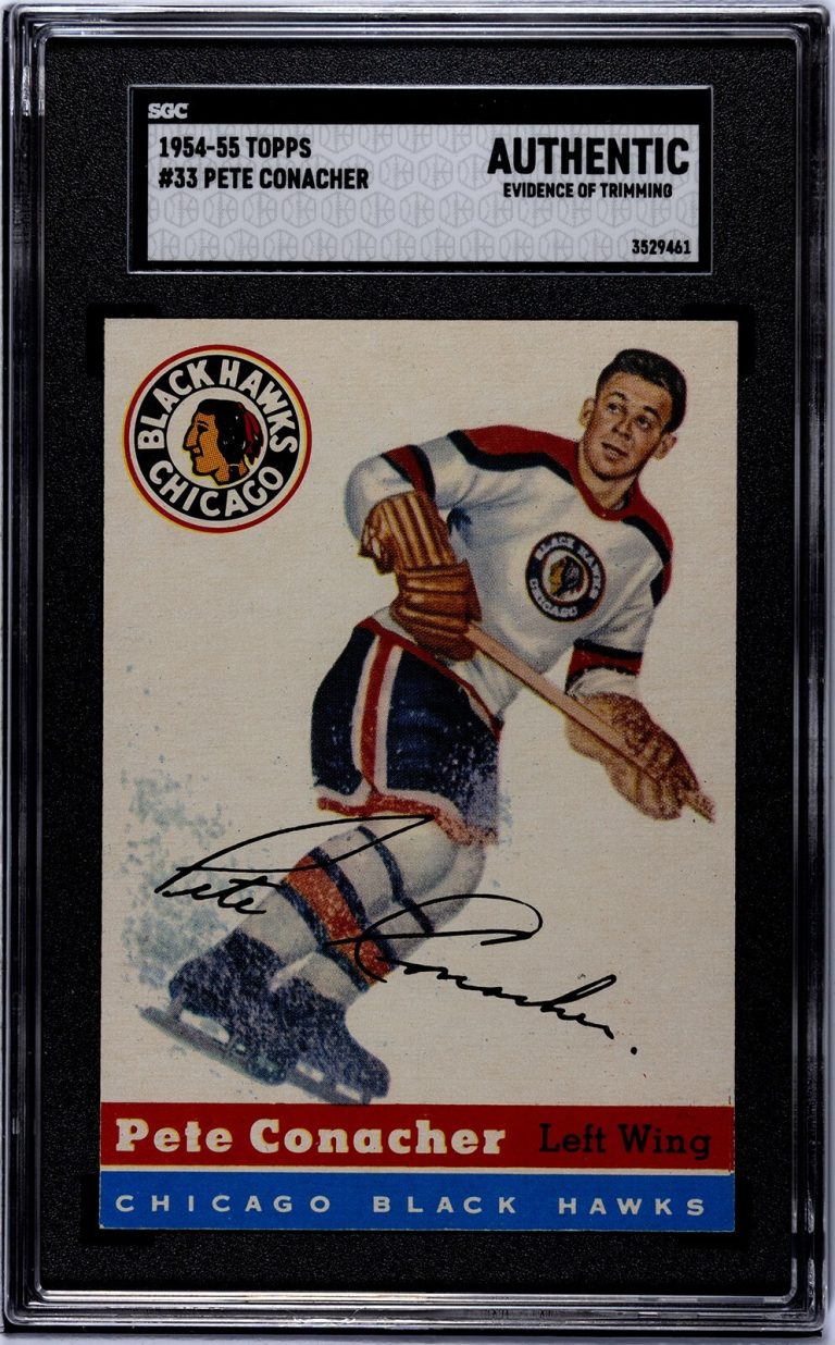 Pete Conacher 1954-55 Topps NHL Card #33- SGC Slabbed Authentic Evid of Trimming