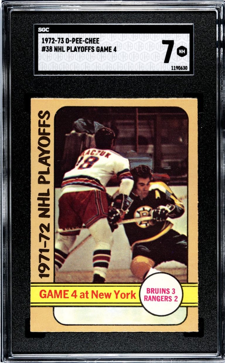 1972-73 O-Pee-Chee NHL Playoffs Game 4 Card #38-SGC Graded 7 NM (Bruins/Rangers)