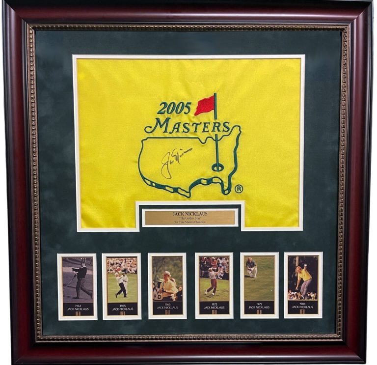 Jack Nicklaus signed 2005 Masters Pin Flag -6X Champ Cards Framed 26x26- PSA LOA