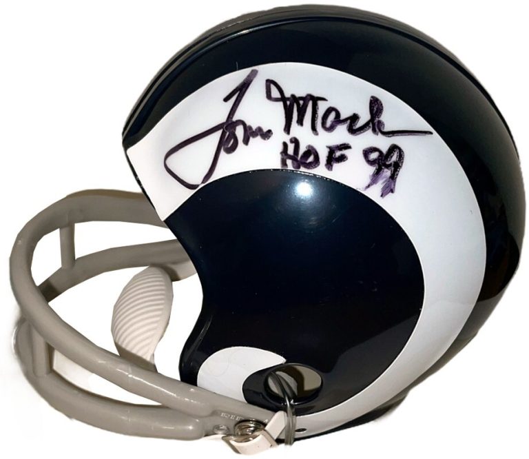 Tom Mack signed Los Angeles Rams Riddell TB 2-Bar Mini Helmet HOF 99 imperfect