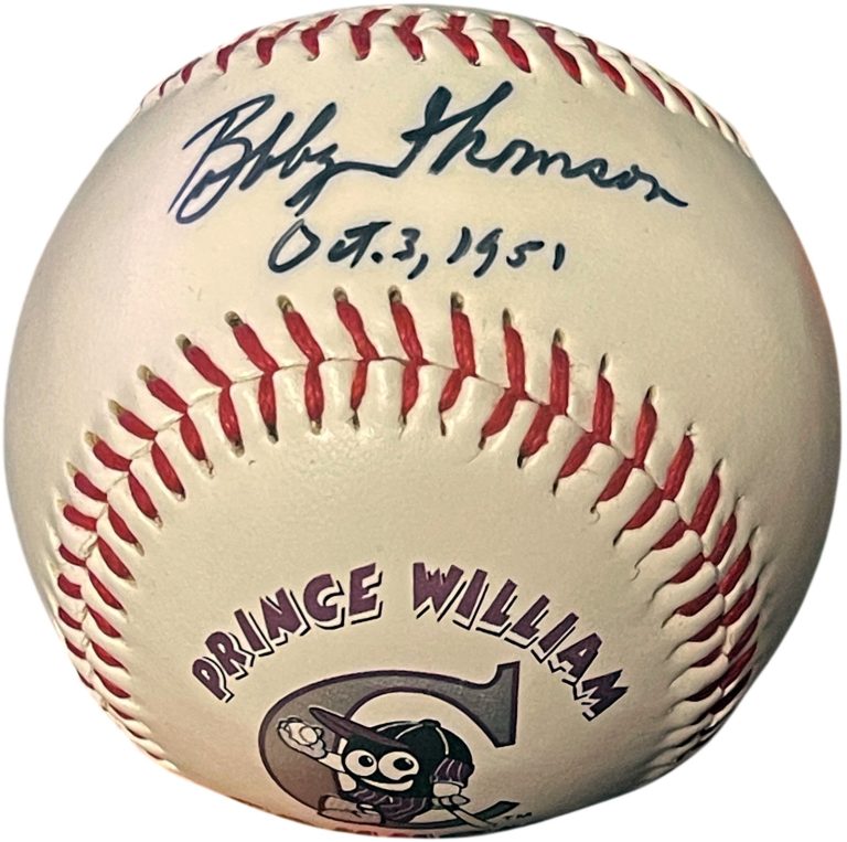 Bobby Thomson signed Prince William Cannons Fotoball Baseball Oct. 3, 1951- COA
