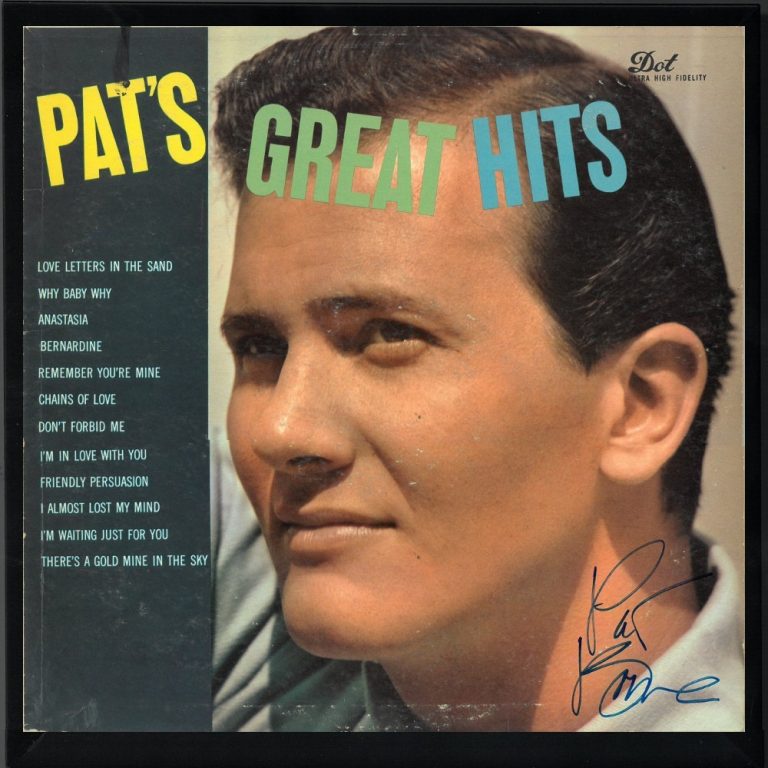 Pat Boone signed 1957 Pat's Great Hits Album Cover/LP/Vinyl Record FRAMED - JSA