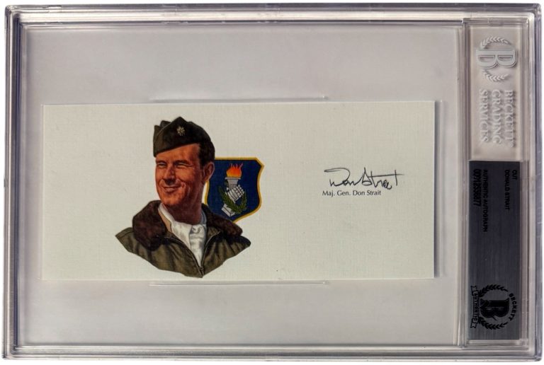 Donald Strait signed 6.5”x3” cut sig WWll USAF Double Ace Pilot – BAS/Beckett