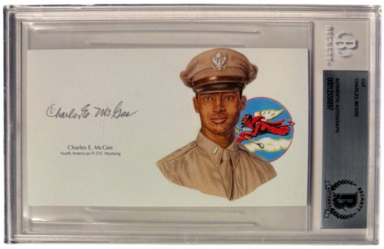 Charles E. McGee signed Tuskegee Airmen P-51 Mustang  3”x5.5” cut sig – Beckett
