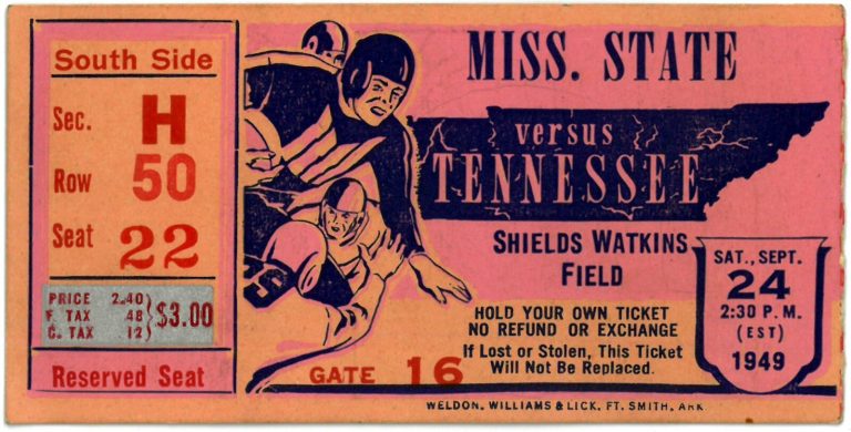 1949 Mississippi State vs Tennessee Volunteers Scott Field  Football Ticket Stub