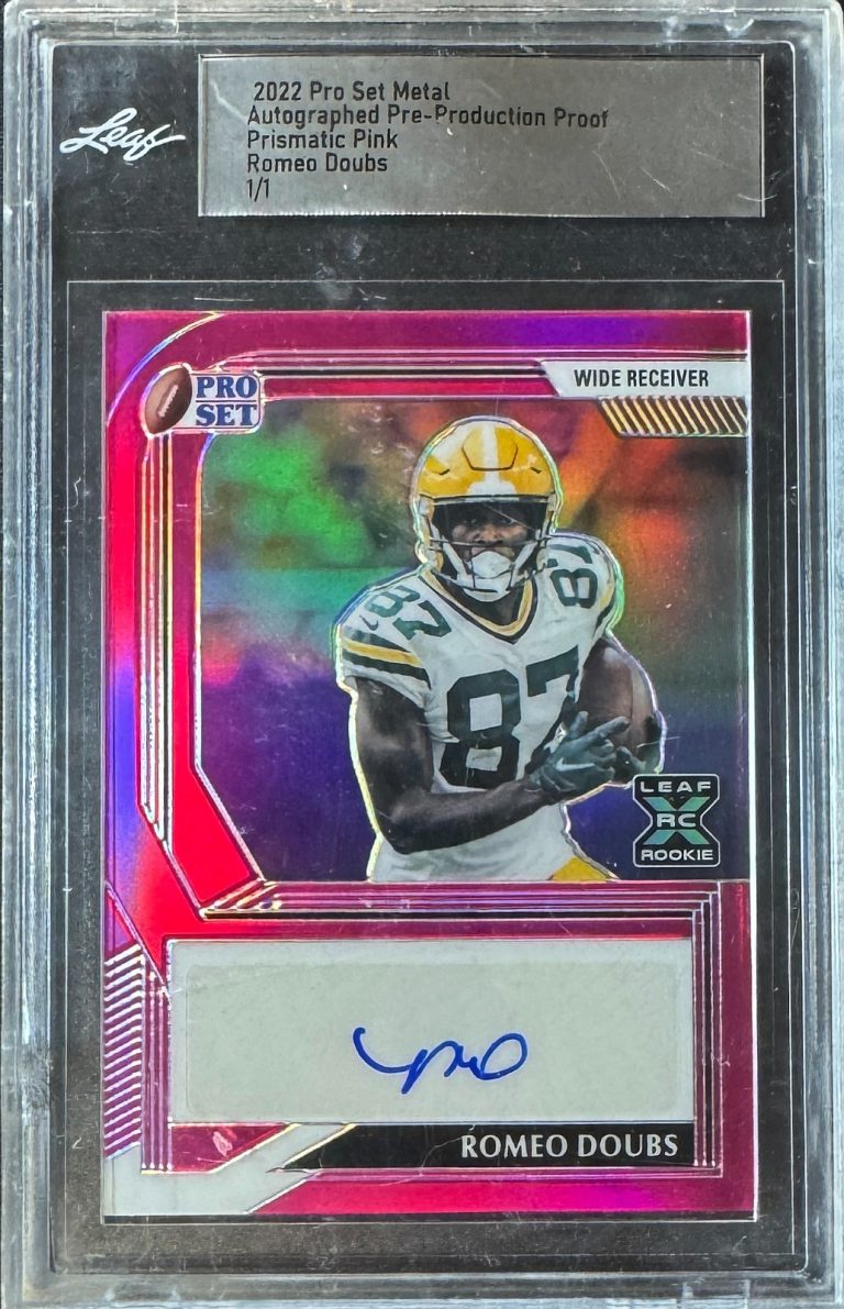 Romeo Doubs signed 2022 Pro Set Metal Pre-Production Proof Prismatic Pink Card/1