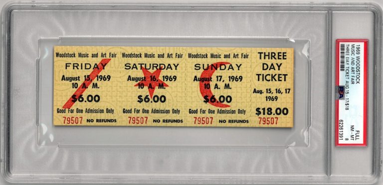 1969 Woodstock Music Art Fair FESTIVAL RARE-PSA NM-MT 8-3 Day $18 Advance Ticket