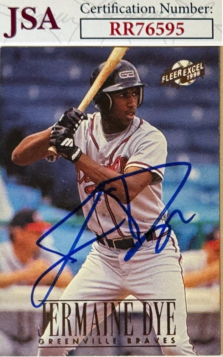 Jermaine Dye signed 1996 Fleer Excel Rookie On Card Auto {RC) #124- JSA (Braves)