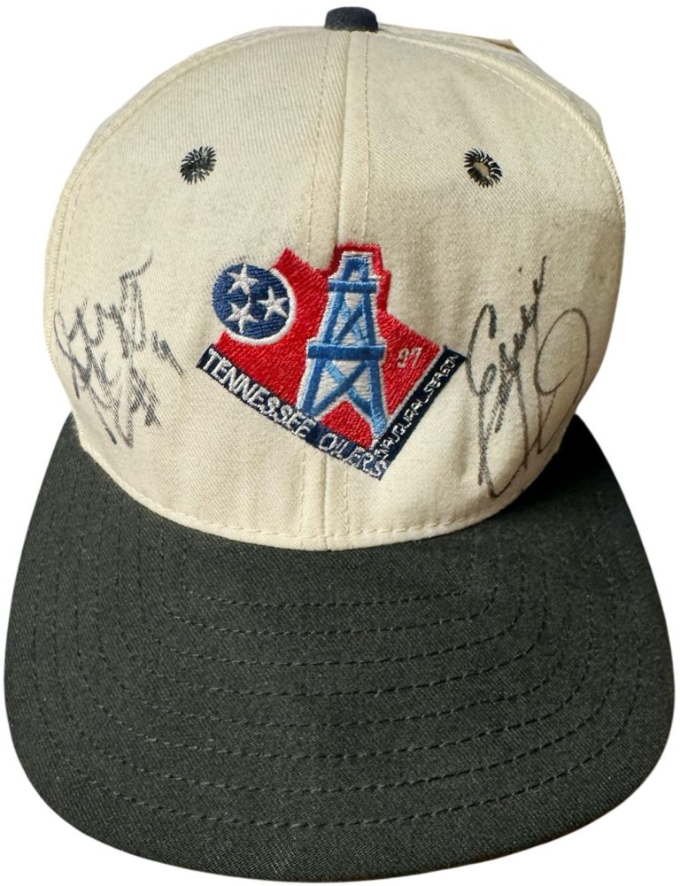Eddie George/Steve McNair Dual Signed 1997 Tennessee Oilers Logo Cap-Beckett Rev