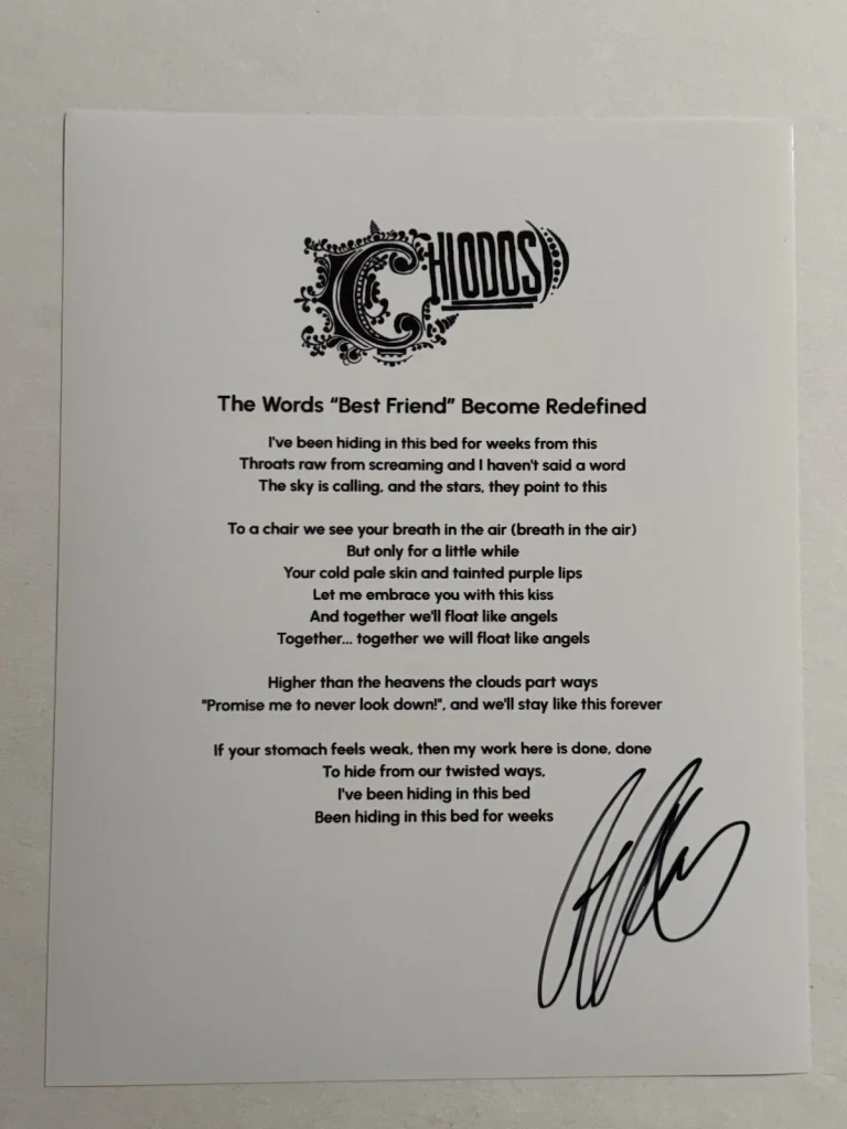 CRAIG OWENS SIGNED LYRIC SHEET AUTOGRAPHED CHIODOS BAND LEAD SINGER RARE COA