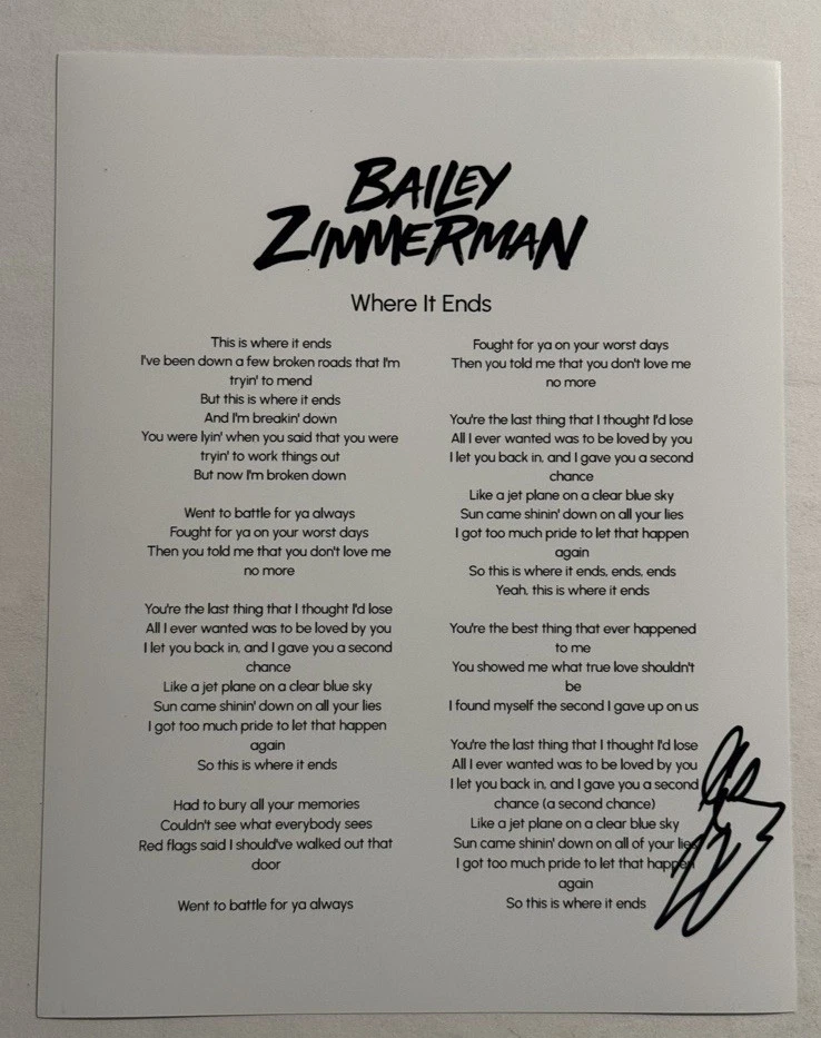 BAILEY ZIMMERMAN HAND SIGNED LYRIC SHEET AUTOGRAPHED COUNTRY SINGER RARE COA