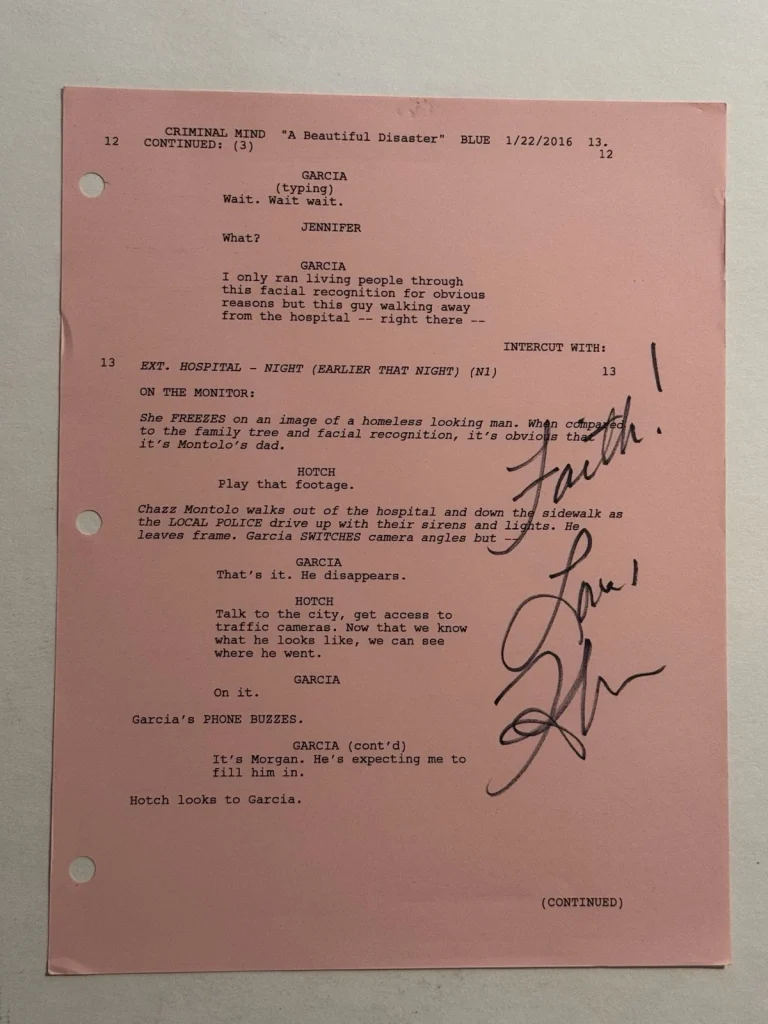 KIRSTEN VANGSNESS SIGNED PRODUCTION USED SCRIPT PAGE AUTOGRAPHED CRIMINAL MINDS
