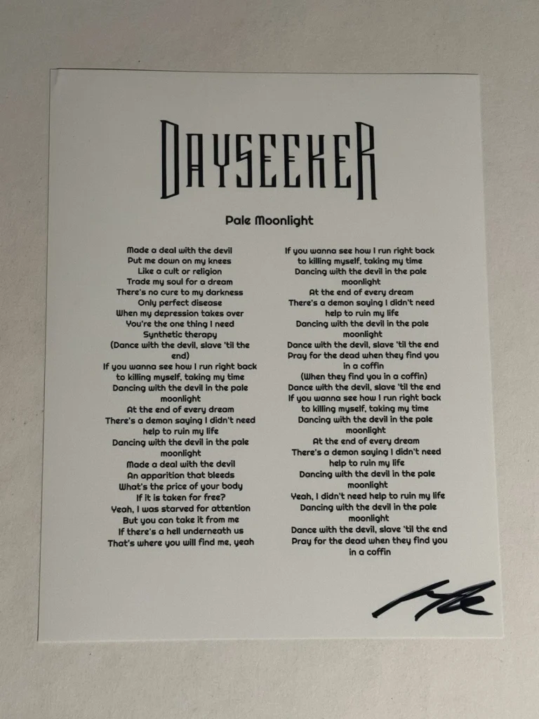 RORY RODRIGUEZ DAYSEEKER BAND LEAD SINGER SIGNED LYRIC SHEET AUTOGRAPHED COA