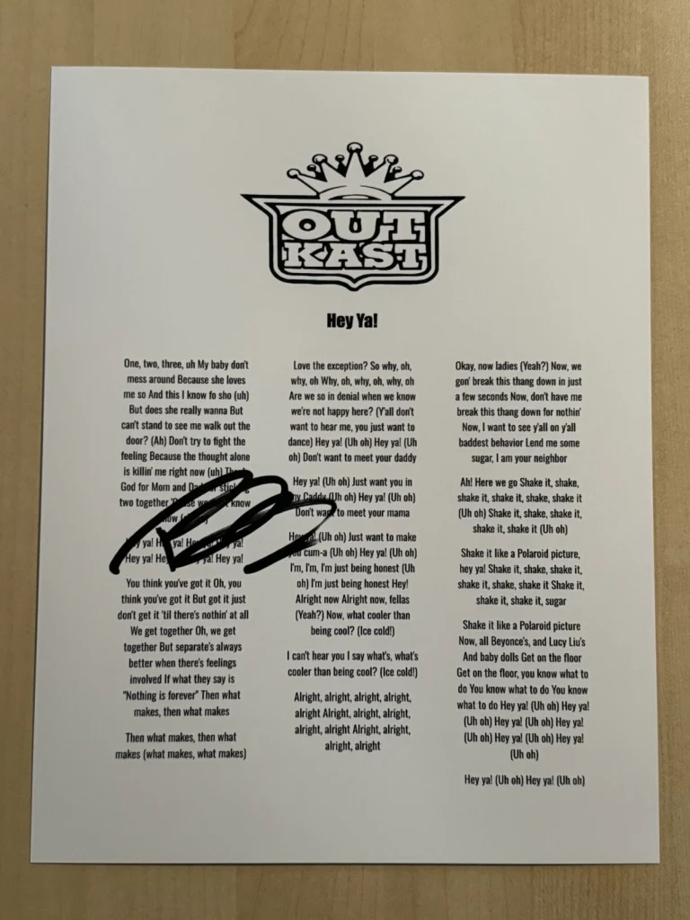 BIG BOI SIGNED LYRIC SHEET AUTOGRAPHED RAPPER OUTKAST HEY YA RARE COA