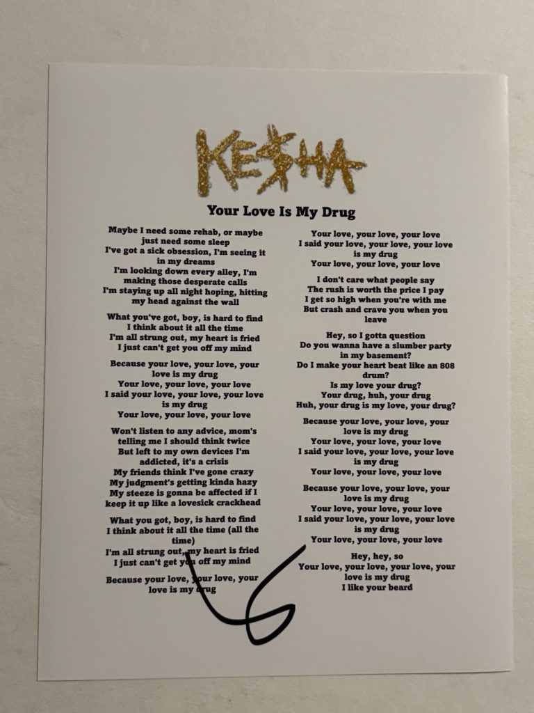 KESHA SIGNED LYRIC SHEET AUTOGRAPHED LEGENDARY POP SINGER RARE COA