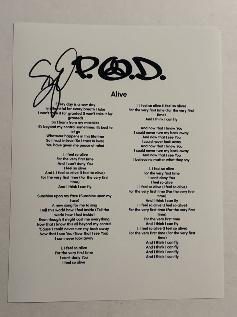 SONNY SANDOVAL P.O.D BAND LEAD SINGER SIGNED LYRIC SHEET AUTOGRAPHED POD COA