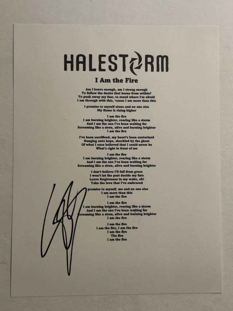 LZZY HALE SIGNED LYRIC SHEET AUTOGRAPHED HALESTORM BAND LEAD SINGER COA
