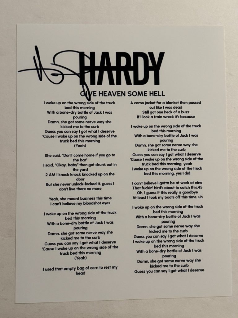 HARDY SIGNED LYRIC SHEET AUTOGRAPHED COUNTRY STAR MICHAEL HARDY COA