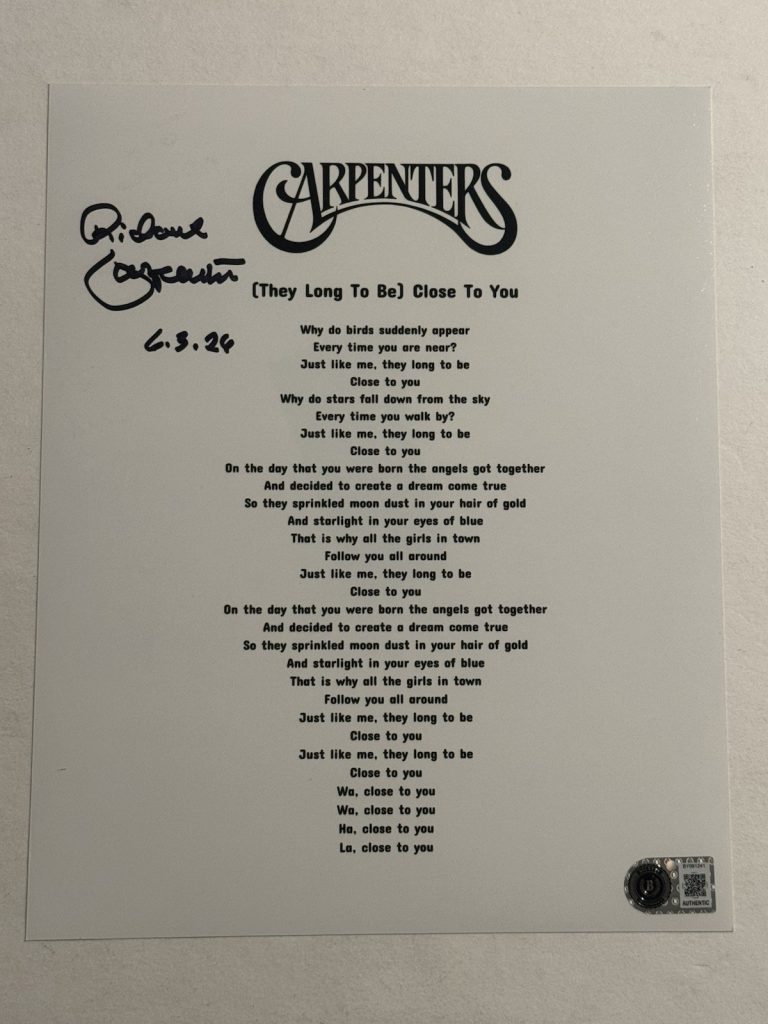 RICHARD CARPENTER SIGNED LYRIC SHEET AUTOGRAPHED THE CARPENTERS BAND BAS COA