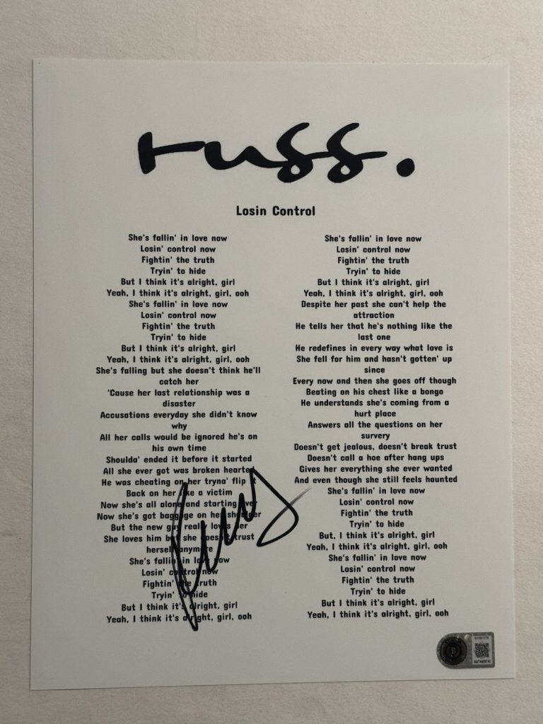 RUSS RAPPER HAND SIGNED LYRIC SHEET AUTOGRAPHED HIP HOP STAR VITALE BAS COA