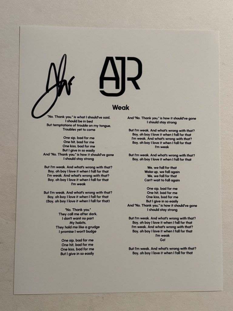 JACK MET AJR BAND LEAD SINGER SIGNED LYRIC SHEET AUTOGRAPHED VERY RARE COA