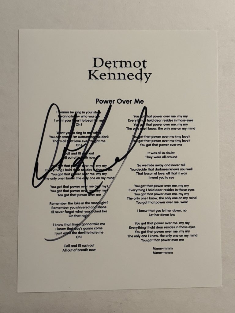 DERMOT KENNEDY SIGNED LYRIC SHEET AUTOGRAPHED IRISH SINGER VERY RARE COA