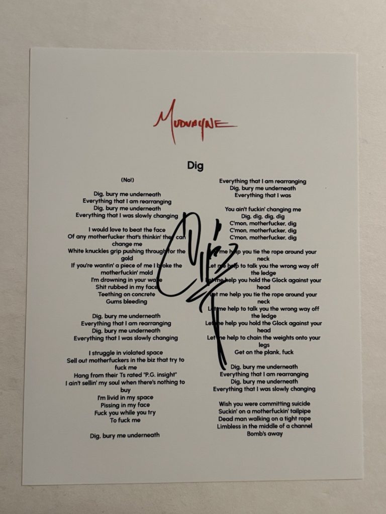 CHAD GRAY SIGNED LYRIC SHEET AUTOGRAPHED MUDVAYNE BAND LEAD SINGER RARE COA