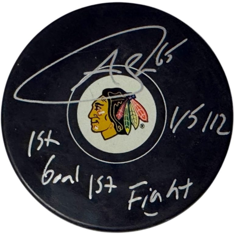 Andrew Shaw signed NHL Chicago Blackhawks Puck 1st Goal & 1st Fight 1/5/12-  COA