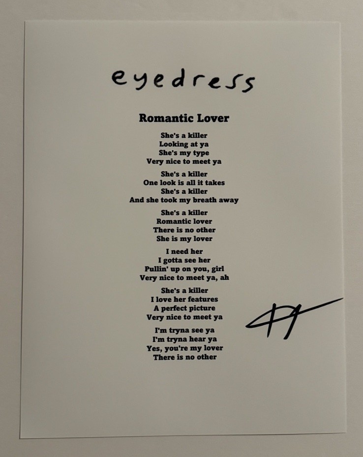 EYEDRESS SIGNED LYRIC SHEET AUTOGRAPHED INDIE SINGER VERY RARE COA