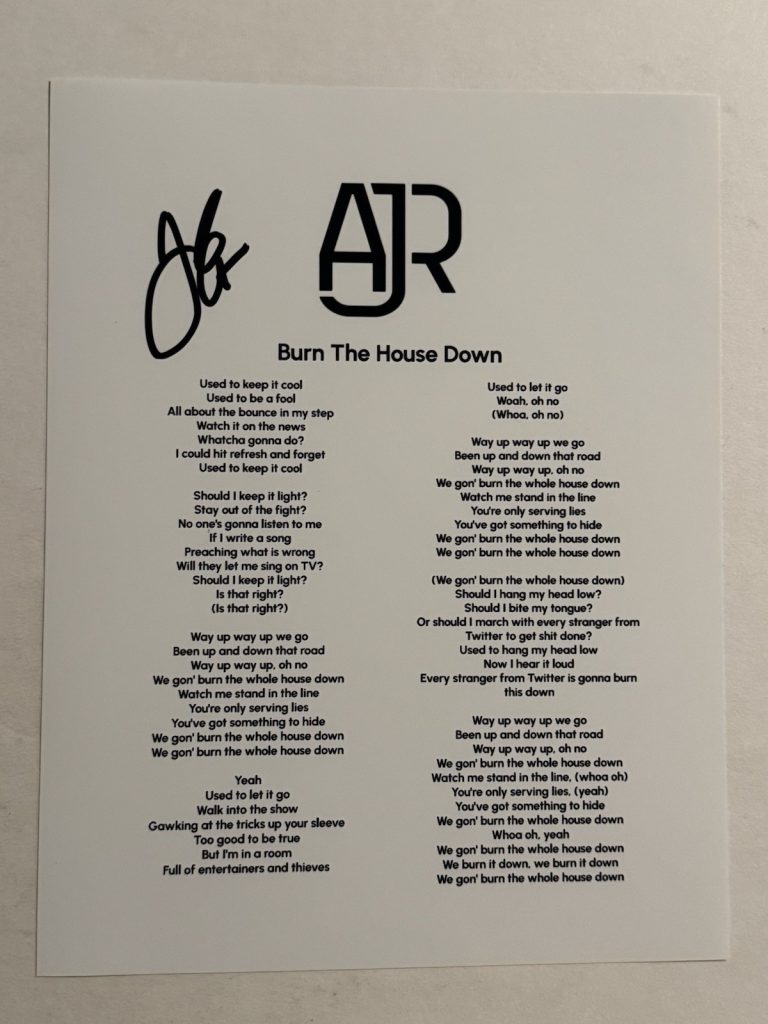 JACK MET AJR BAND LEAD SINGER SIGNED LYRIC SHEET AUTOGRAPHED VERY RARE COA