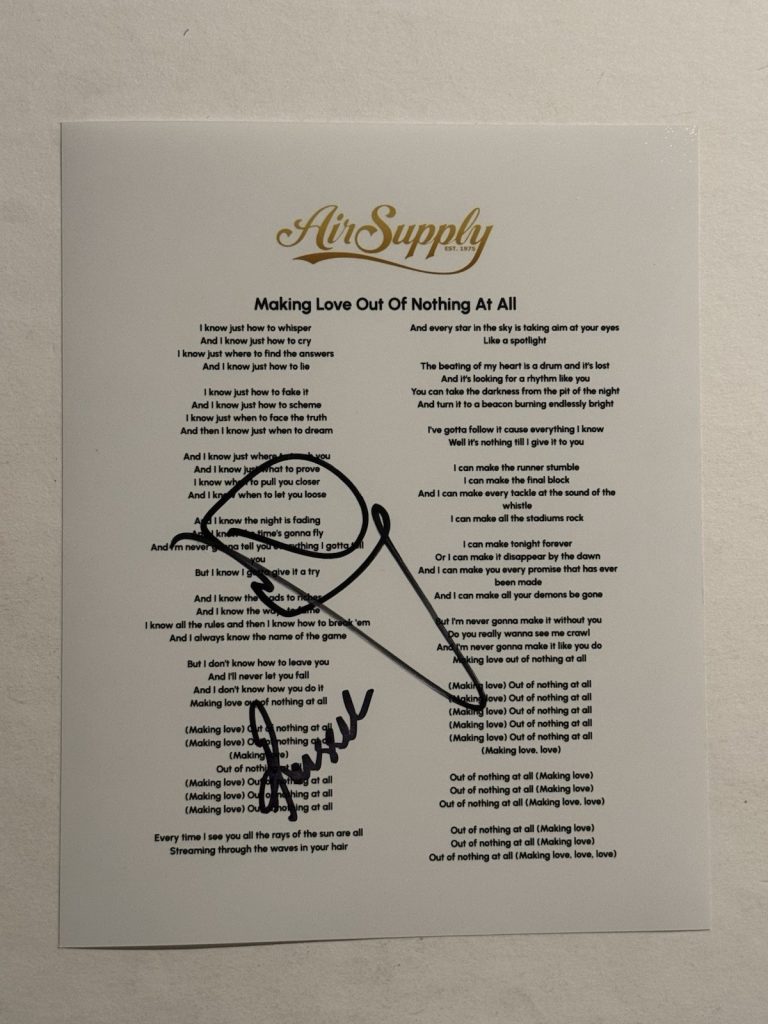 AIR SUPPLY FULL BAND SIGNED LYRIC SHEET AUTOGRAPHED GRAHAM & RUSSELL RARE COA
