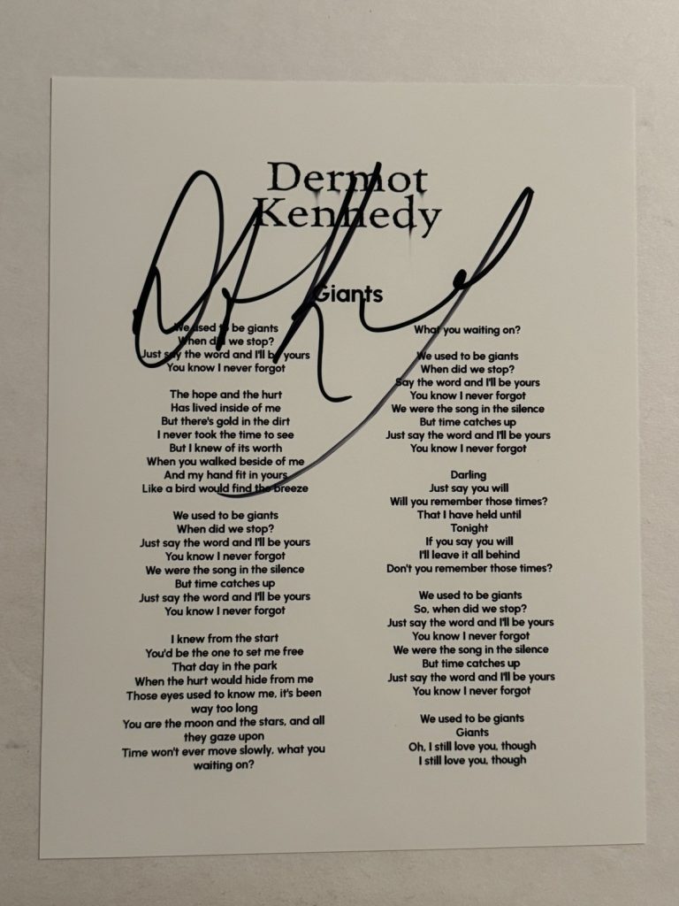 DERMOT KENNEDY SIGNED LYRIC SHEET AUTOGRAPHED IRISH SINGER VERY RARE COA