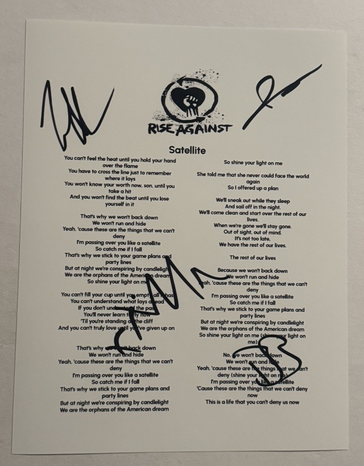 RISE AGAINST FULL BAND SIGNED LYRIC SHEET AUTOGRAPHED TIM MCILRATH RARE COA