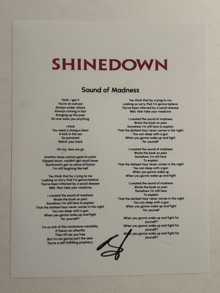 BRENT SMITH SIGNED LYRIC SHEET AUTOGRAPHED SHINEDOWN BAND LEAD SINGER COA