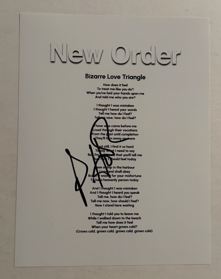 PETER HOOK SIGNED LYRIC SHEET AUTOGRAPHED NEW ORDER BAND LEGEND COA