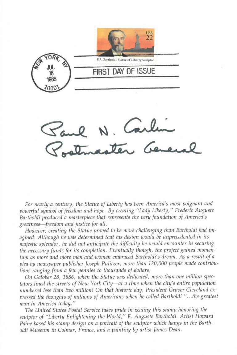 Paul N Carlin signed 1985 Statue Of Liberty 1st Day Issue Stamp 4-page- JSA