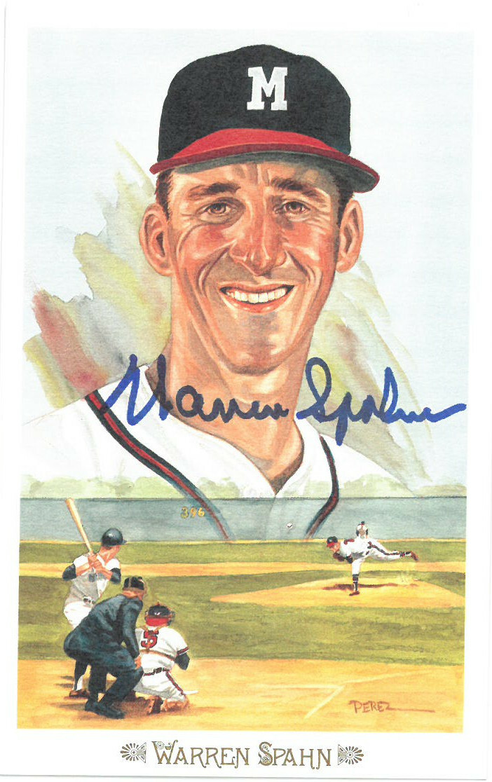 Warren Spahn signed 1989 Braves Perez-Steele Celebration Postcard #39 JSA
