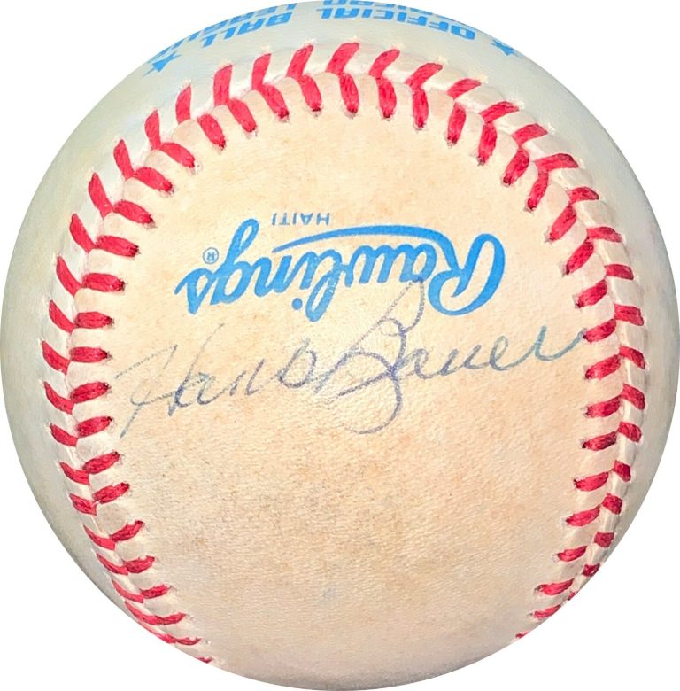 Hank Bauer signed ROAL Rawlings Official American League Baseball toned