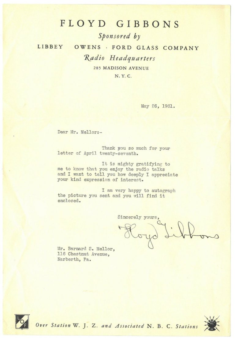Floyd Gibbons signed 1931 Typed Letter- JSA Hologram #EE62960 (WWI/Journalist)