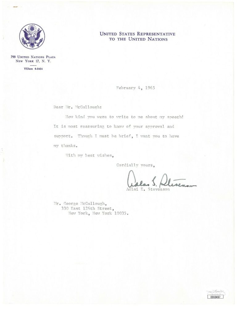 Adlai E. Stevenson signed U.S. Rep United Nations Letterhead (typed) 2/4/65- JSA