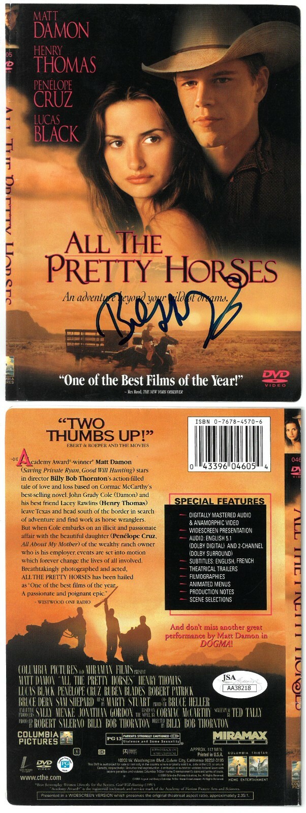 Billy Bob Thornton (director) signed 2000 All The Pretty Horses DVD Cover- JSA
