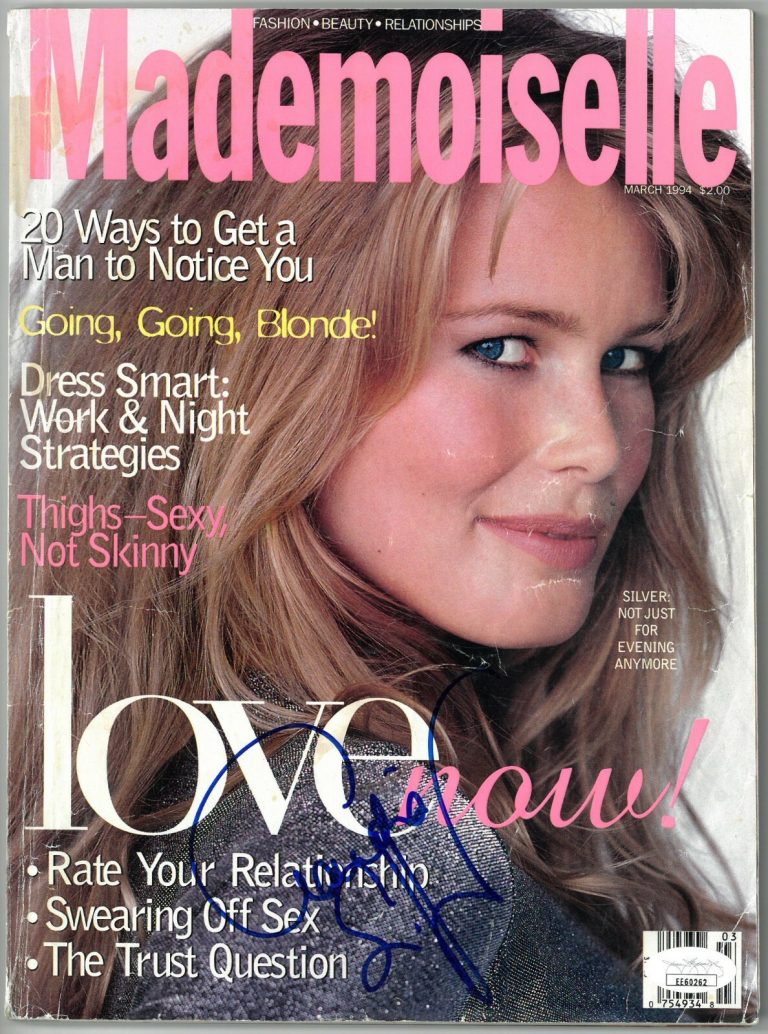Claudia Schiffer signed Mademoiselle Full Magazine March 1994 cover damage- JSA