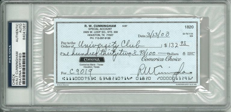 Walt/R.W Cunningham signed Personal Check #1820 - PSA (Apollo 7/ NASA/Astronaut)